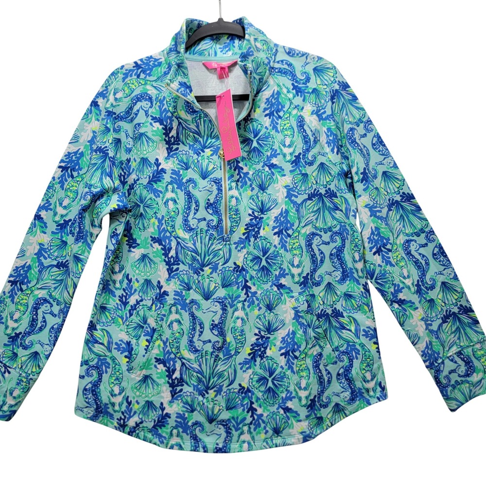 Lilly Pulitzer LG Skipper Popover Sweatshirt UPF Mermaid Seahorse Sea Glass Aqua